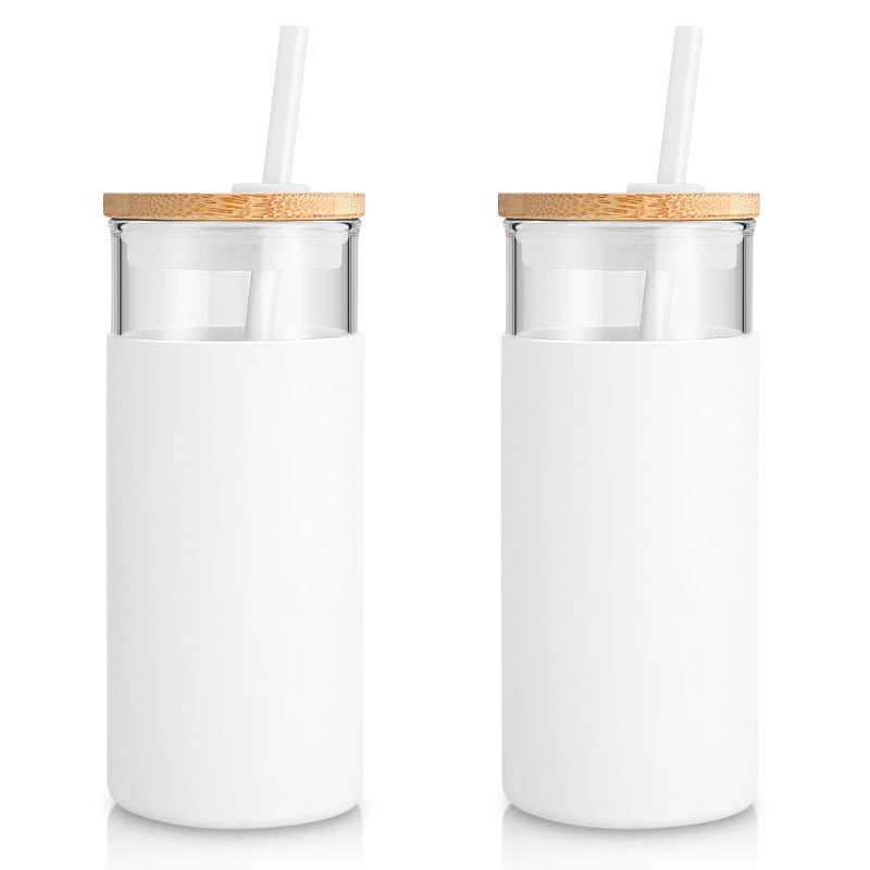 Tronco 20 oz Glass Tumbler with Lid and Straw, Iced Coffee Cup and Smoothie Cup with Bamboo Lids & Protective Silicone Sleeve, Dishwasher Safe, BPA-Free, Glass Cup 2 Pack - Image 1